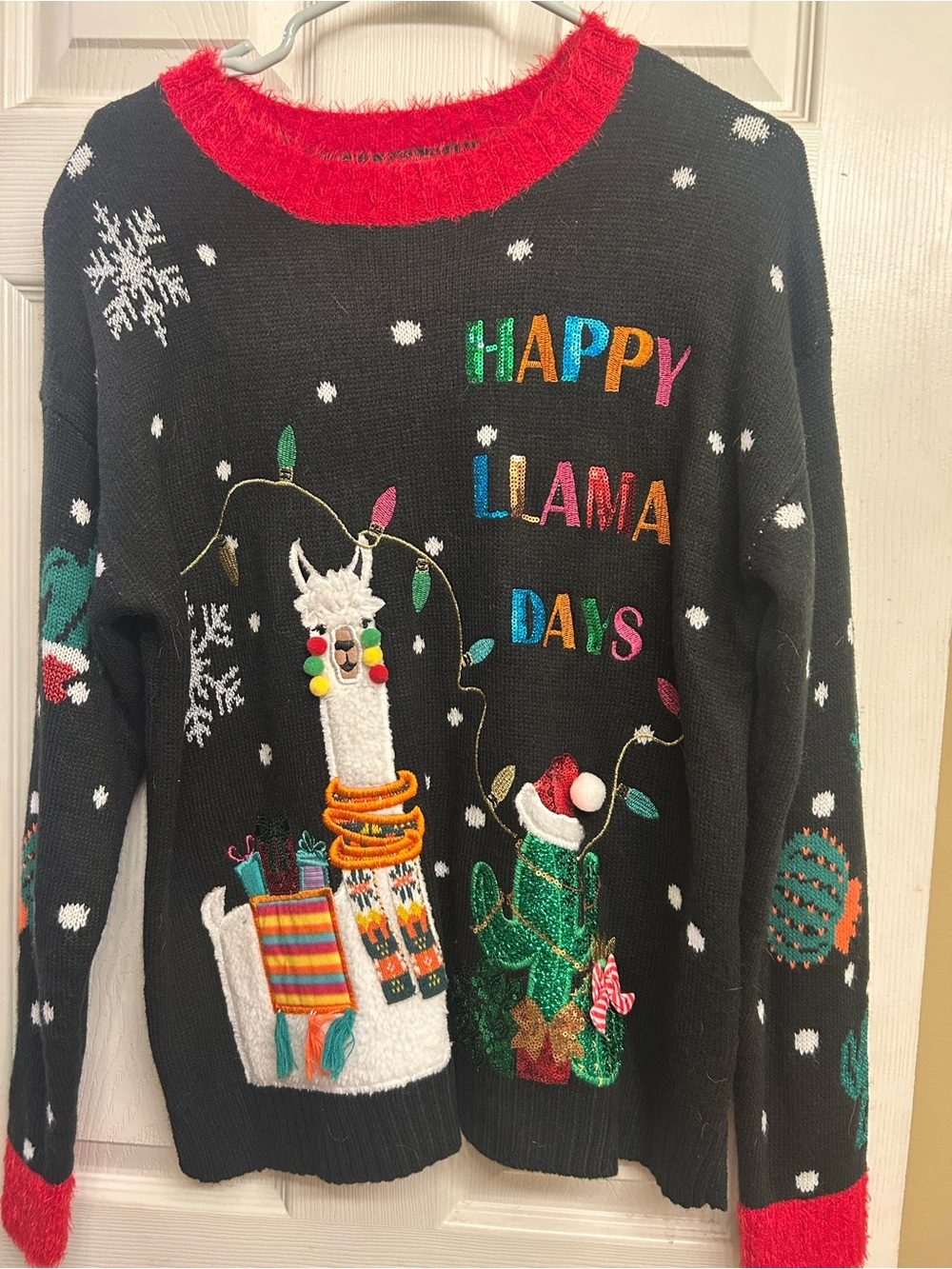 Holiday Time Black 'Happy Llama Days' Embroidered Sweater with Red Trim